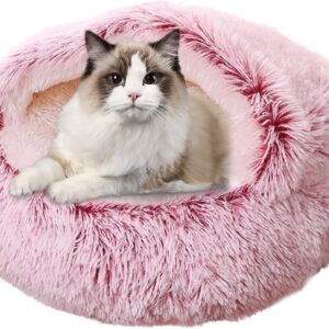 Cat Bed - Cave Cat Basket 40cm - Calming and Anti-Anxiety - For Small Dogs/Cats - Donut - Pink
