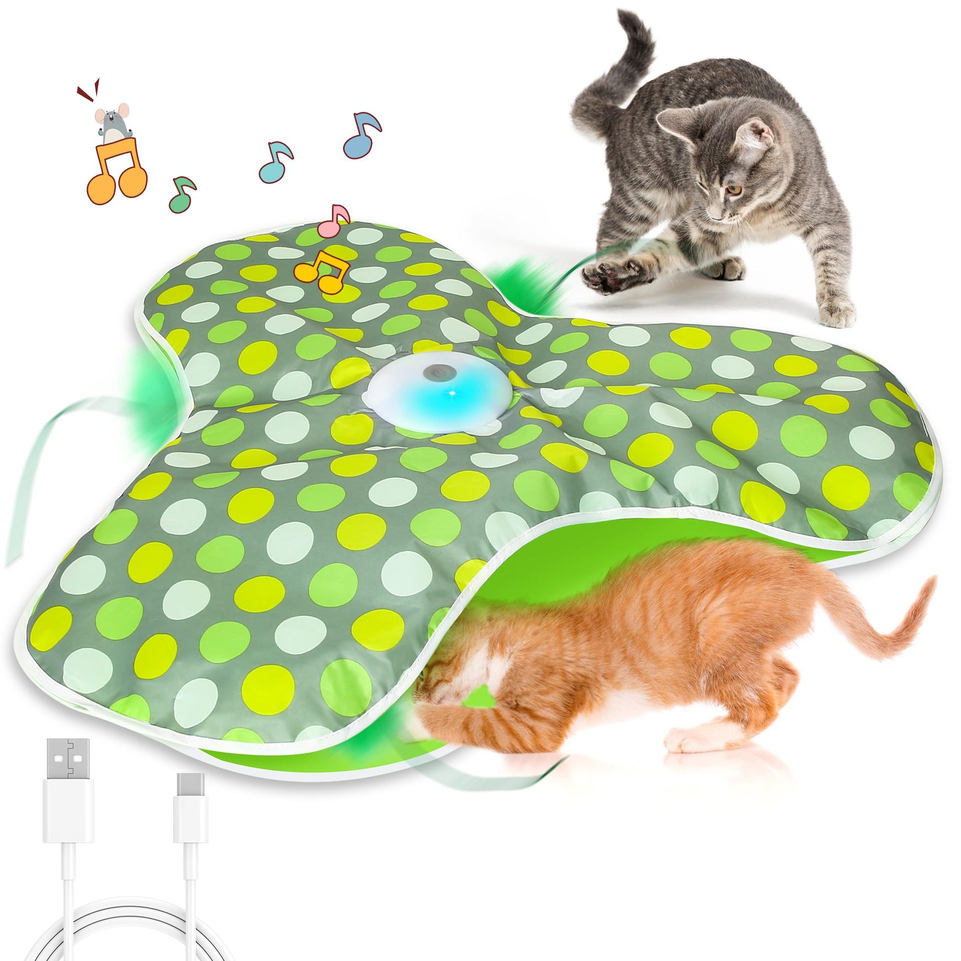 Green Interactive Cat Toys Rechargeable,Moving Concealed Feathers,Real Mouse Squeaky,Touch Activated