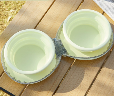 Light Yellow Portable Collapsible Double Pet Bowls for Dogs and Cats - 2x 450ml Food Grade Silicone Travel Feeder with Zippered Paw Carrying Case