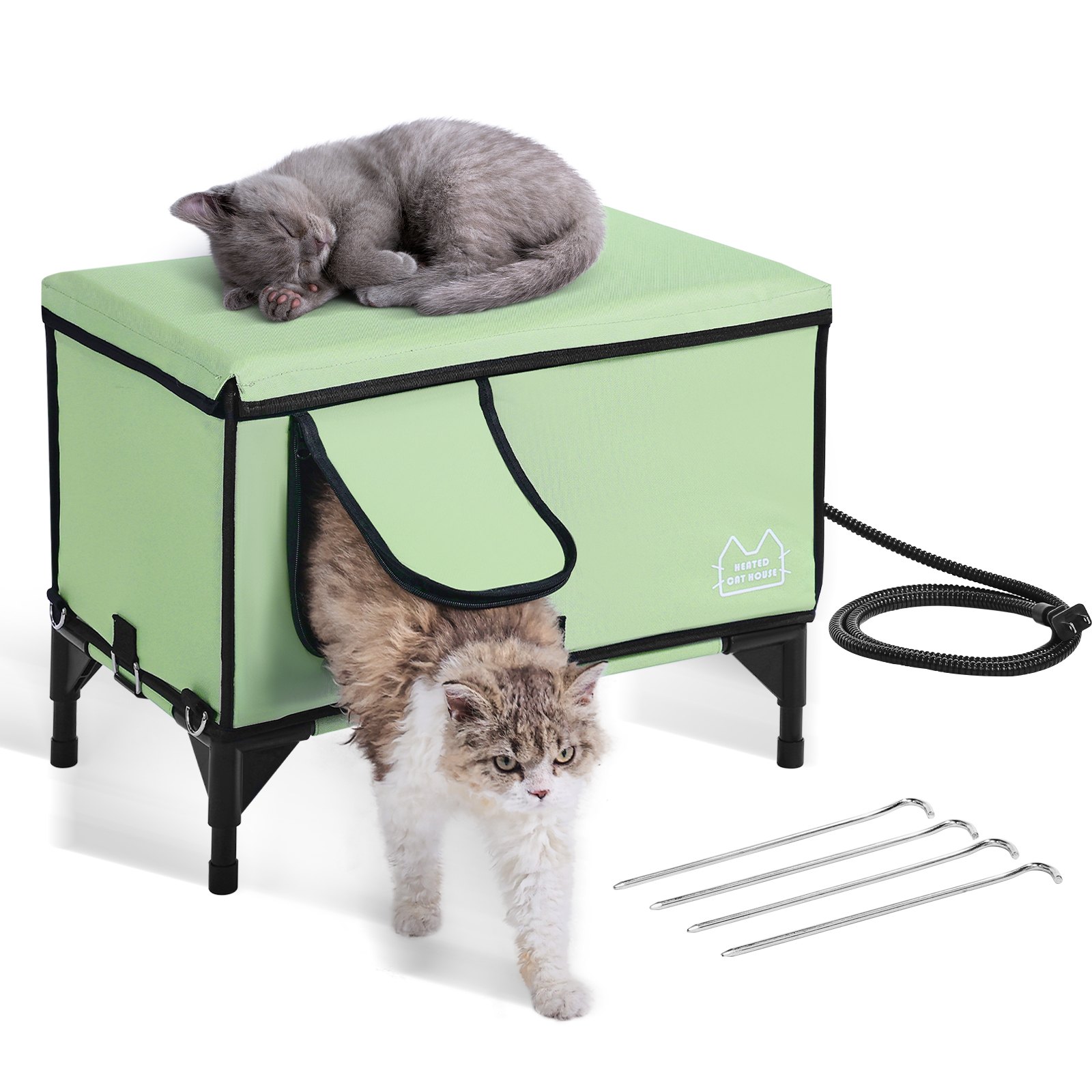 VEVOR Elevated Heated Cat House, Cuboid Kitty Shelter with Adjustable Temperature and Timer, 900D Oxford Cloth Foldable Cat Shelter with Heated Pad for Winter to Stay Warm and Cozy, Green (Middle)